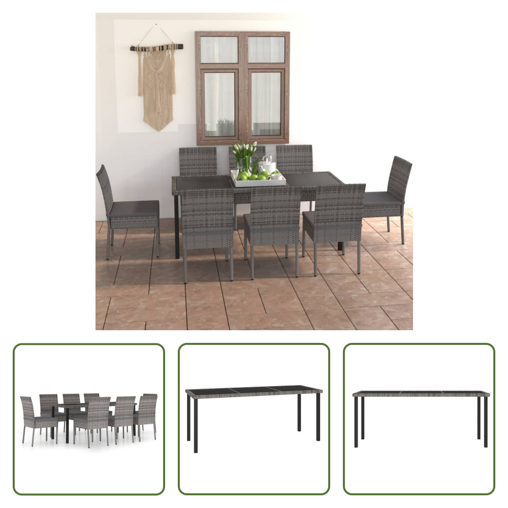 The Living Store 9 ks. Záhradný jedálenský set Poly ratan sivý