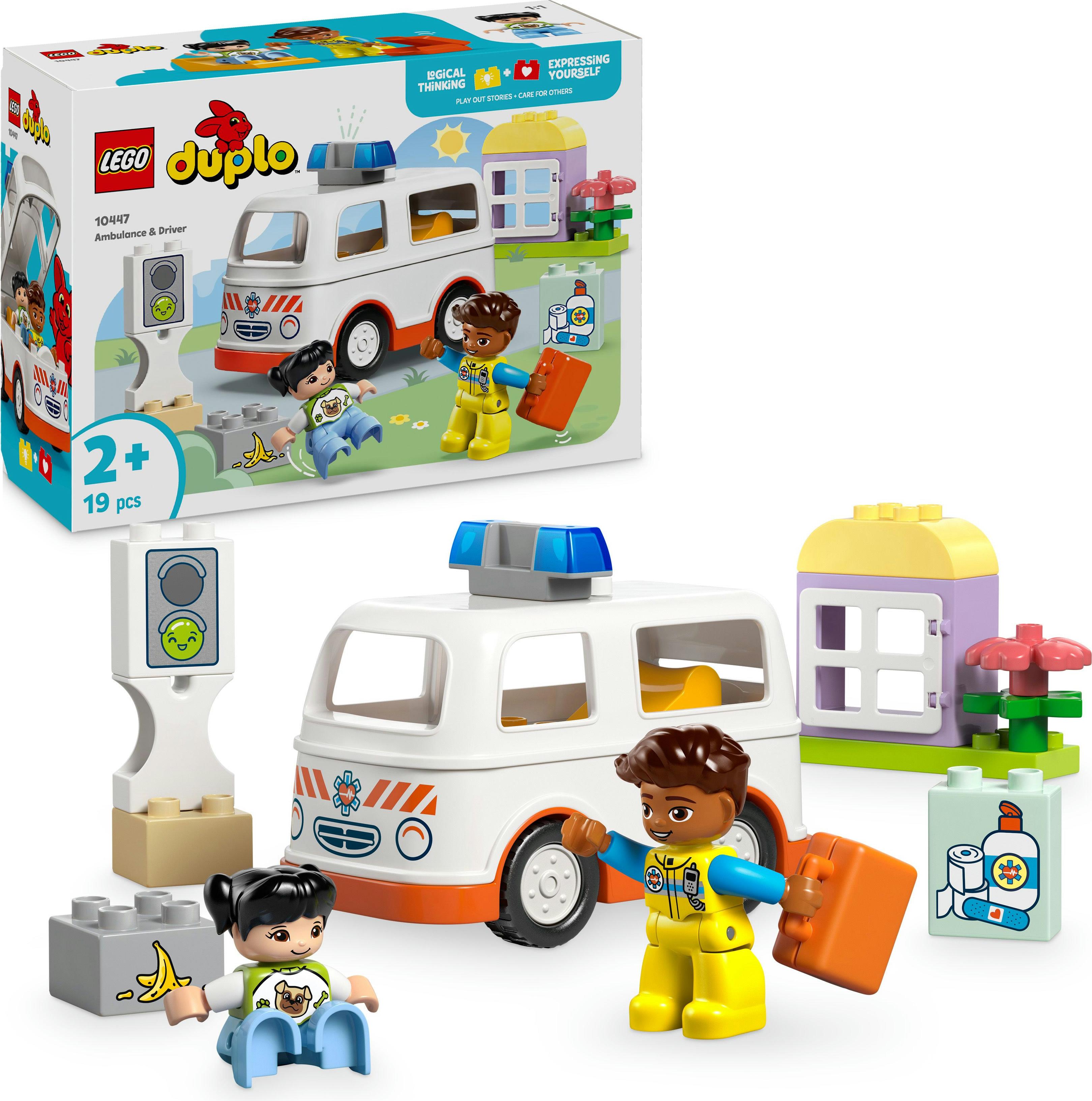 LEGO DUPLO Sanitka s vodičom - Vzdelávacia hračka pre batoľatá od 2 rokov - Montessori hračka na hranie rolí - Hračka sanitky s autom, domčekom a 2 figúrkami - Darček pre deti 10447