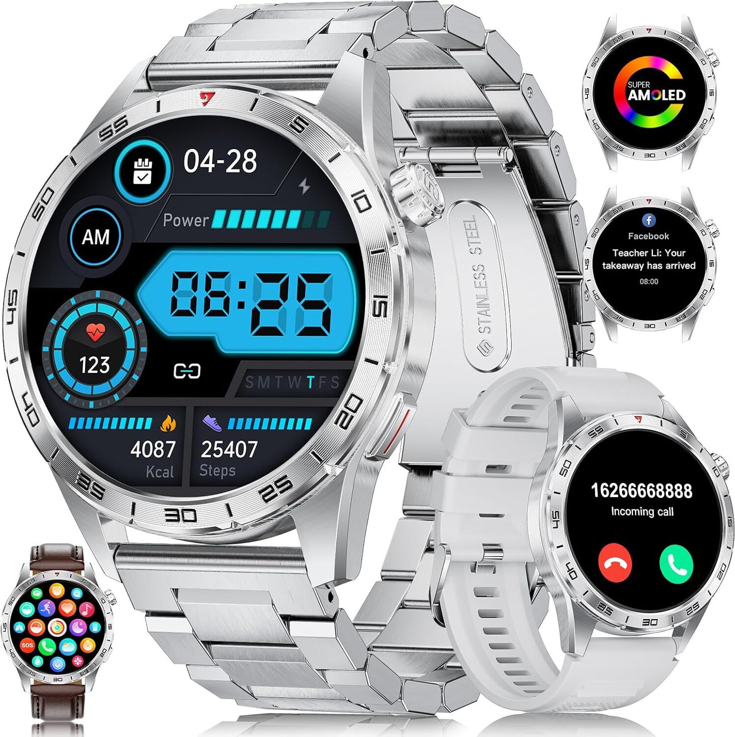 ESFOE MEN SMARTWATCH 400 MAH batéria (3 náramky), 1,43-palcová AMOLED funkcia inteligentných hodiniek Android iOS, vodotesnosť IP68, 120+ športových režimov,