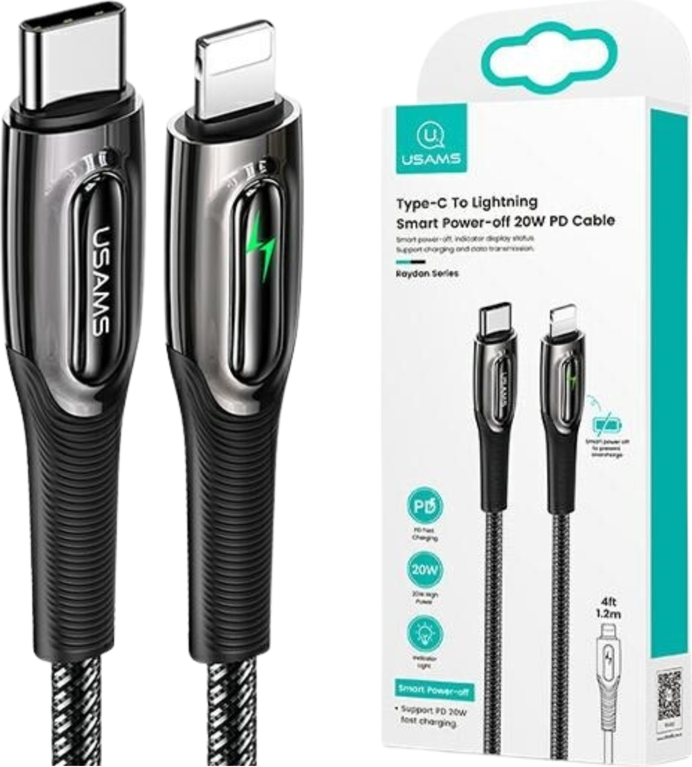 Usams Opletený Kábel Usb-C Na Lightning Smart Power-Off 20W Pd 1,2 M Čierny/Čierny Sj518Usb01 (Us-Sj518)