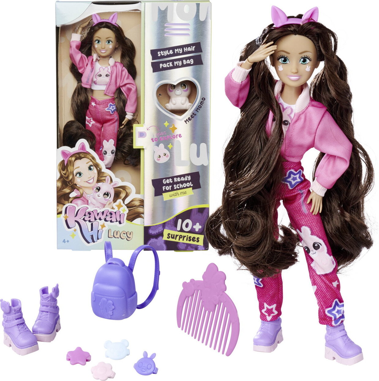 Simba 105953975 - Kawaii Hi Ankleidepuppe Lucy (26 cm) - bewegliche Modepuppe zum Frisieren und Stylen, Puppe mit Langen Haaren, Hase und Zubehör, Spielzeug für Kinder ab 4 Jahre