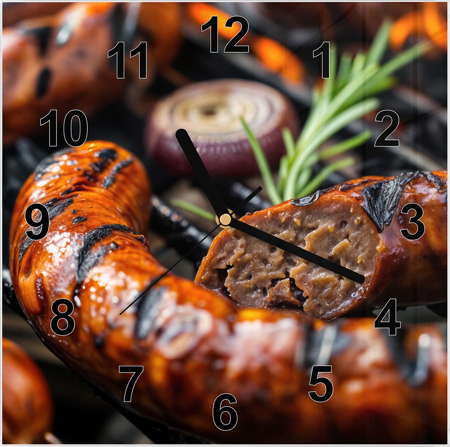 Primedeco Wanduhr aus Glas mit Motiv Grillwurst B B Q- 30 x 30 cm - inkl. Aufhängesystem