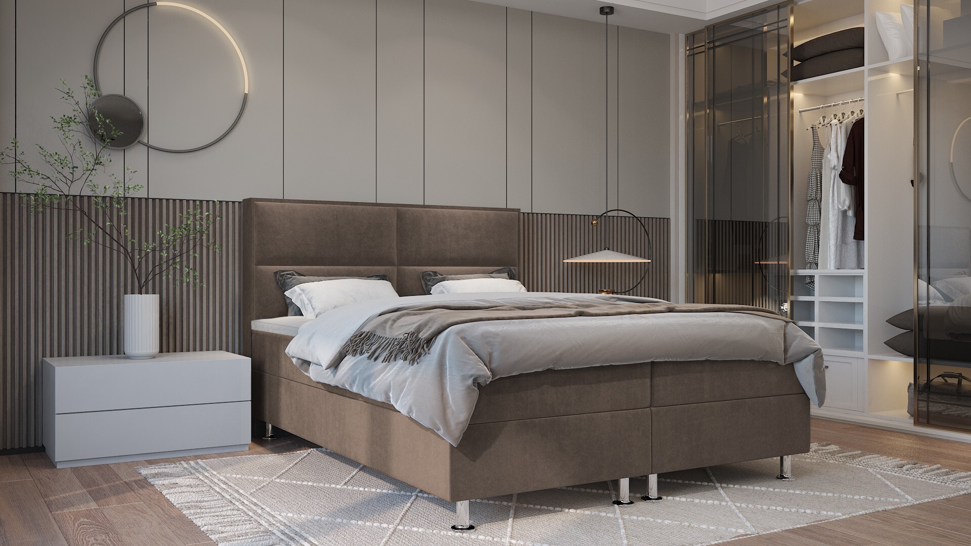 PREDAJ LEADER skriňová pružinová posteľ BOGOTA 200x200 cm čalúnená posteľ s dvoma zásuvkami, kompletná súprava s matracom a topperom (4 cm), hnedá, látka na posteľ ELEMENT 25