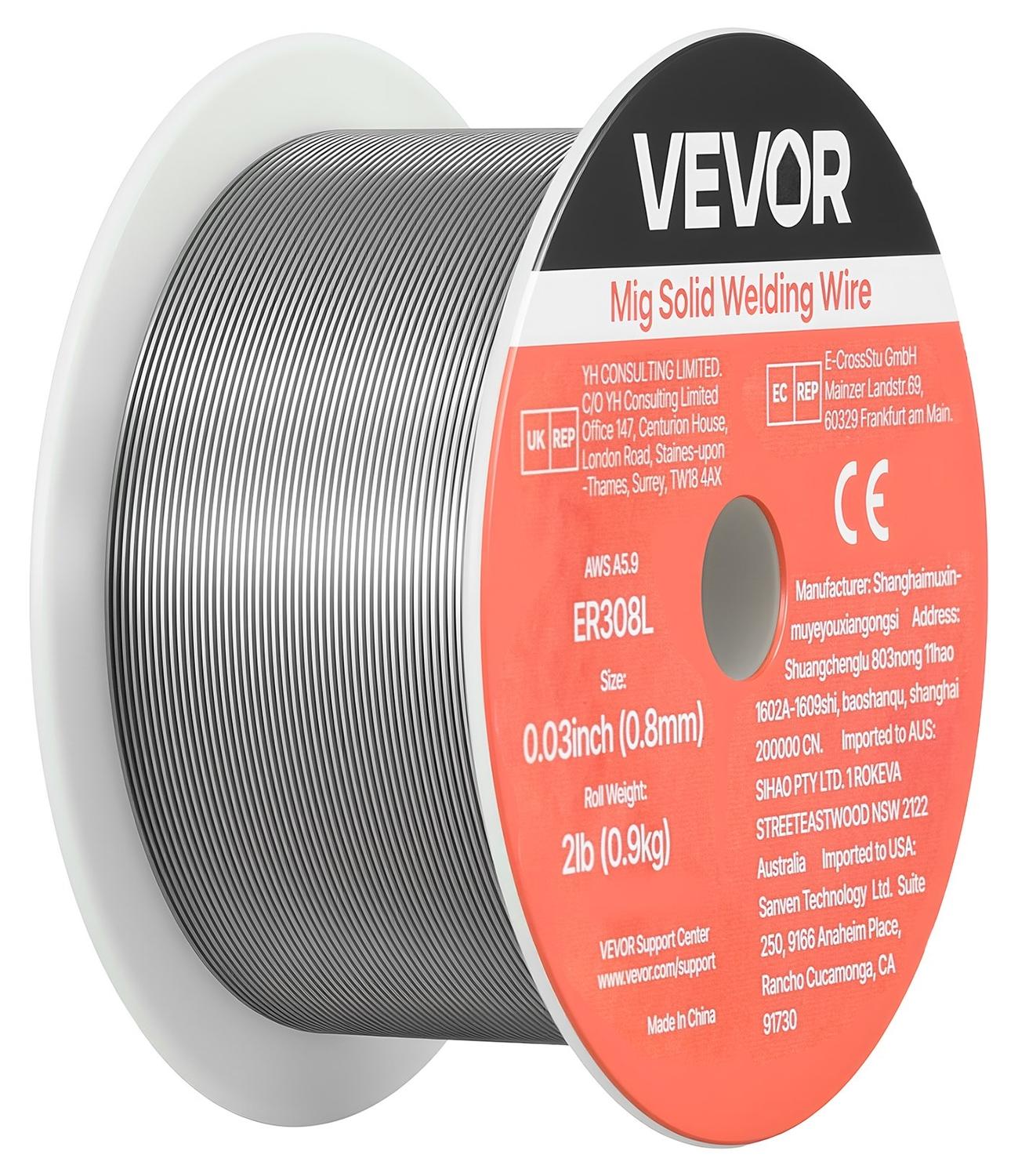 VEVOR Solid MIG Welding Wire, ER308L 0.8mm 0.9kg, Low Spatter Stainless Steel Welding Wire with High Feedability for All-Position Gas Shielded Welding
