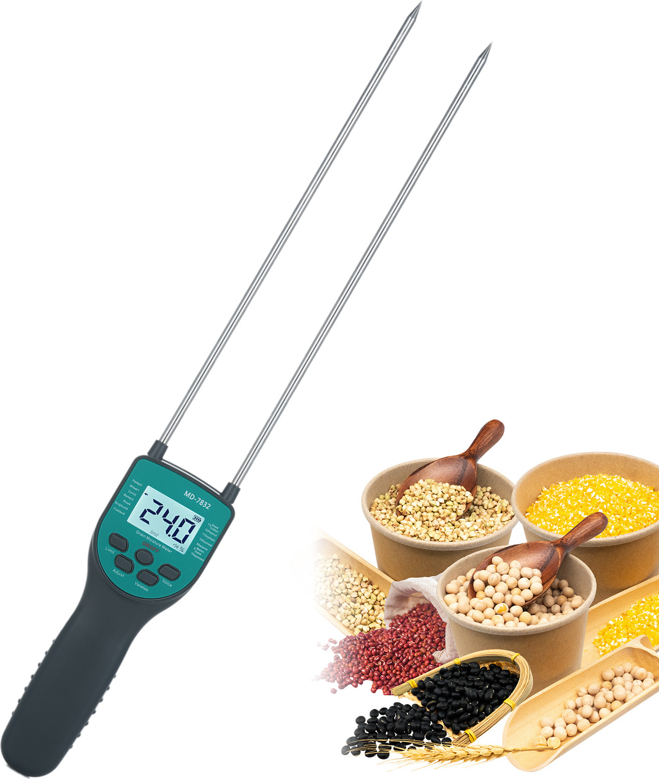 Aibecy Heufeuchtigkeitstester Digitales Getreidefeuchtigkeitsmessgerät Messbar für 14 Getreidearten für Reis Weizen Mais Gerste Reis Sorghum Pelletfutter MD-7832