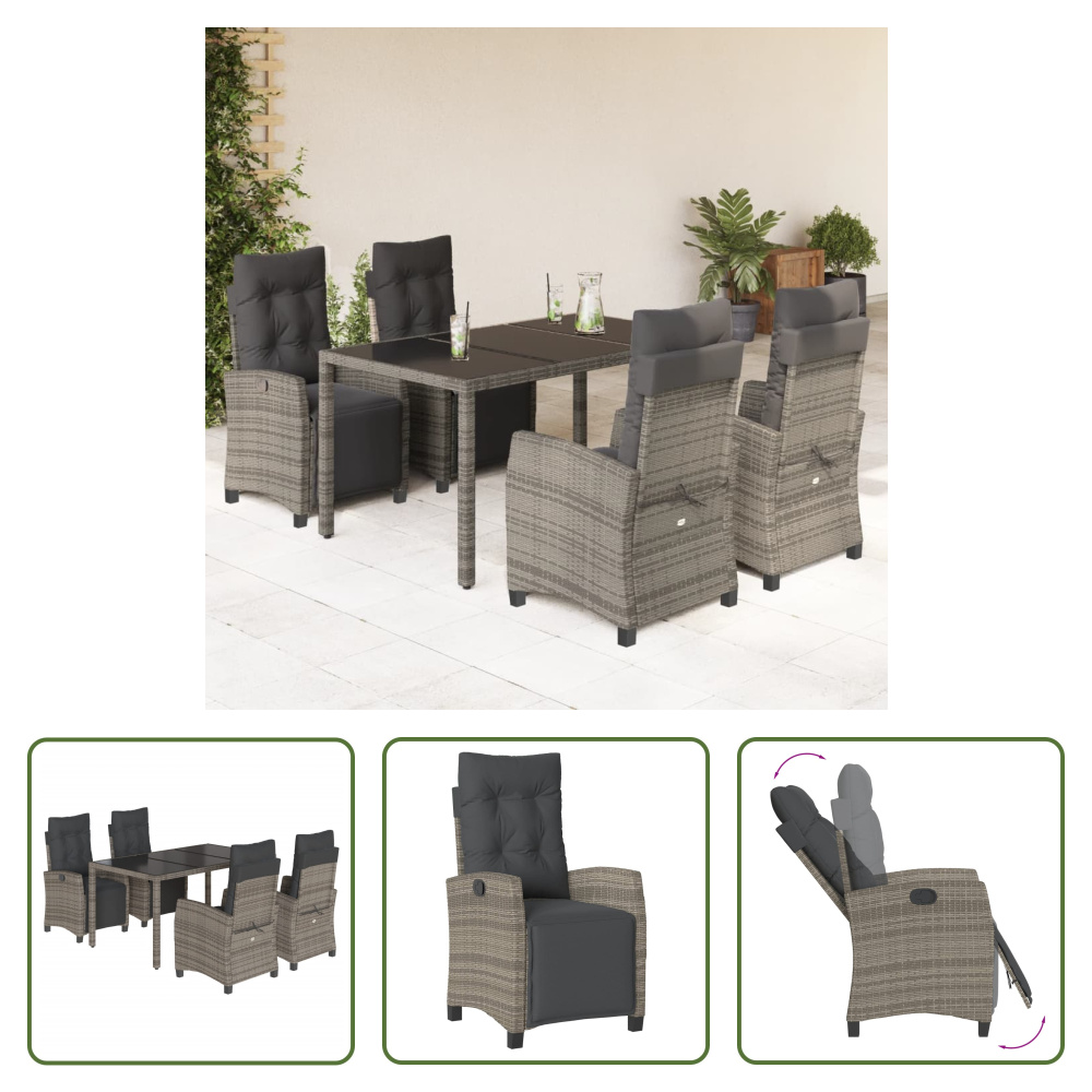 The Living Store 5-dielny záhradný jedálenský set s vankúšmi sivý polyratan