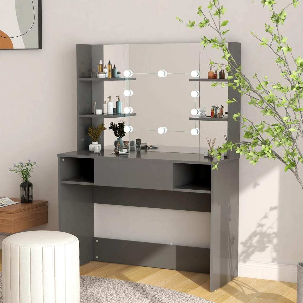 The Living Store Schminktisch mit LED-Beleuchtung 100x40x135 cm MDF Grau TLS331542