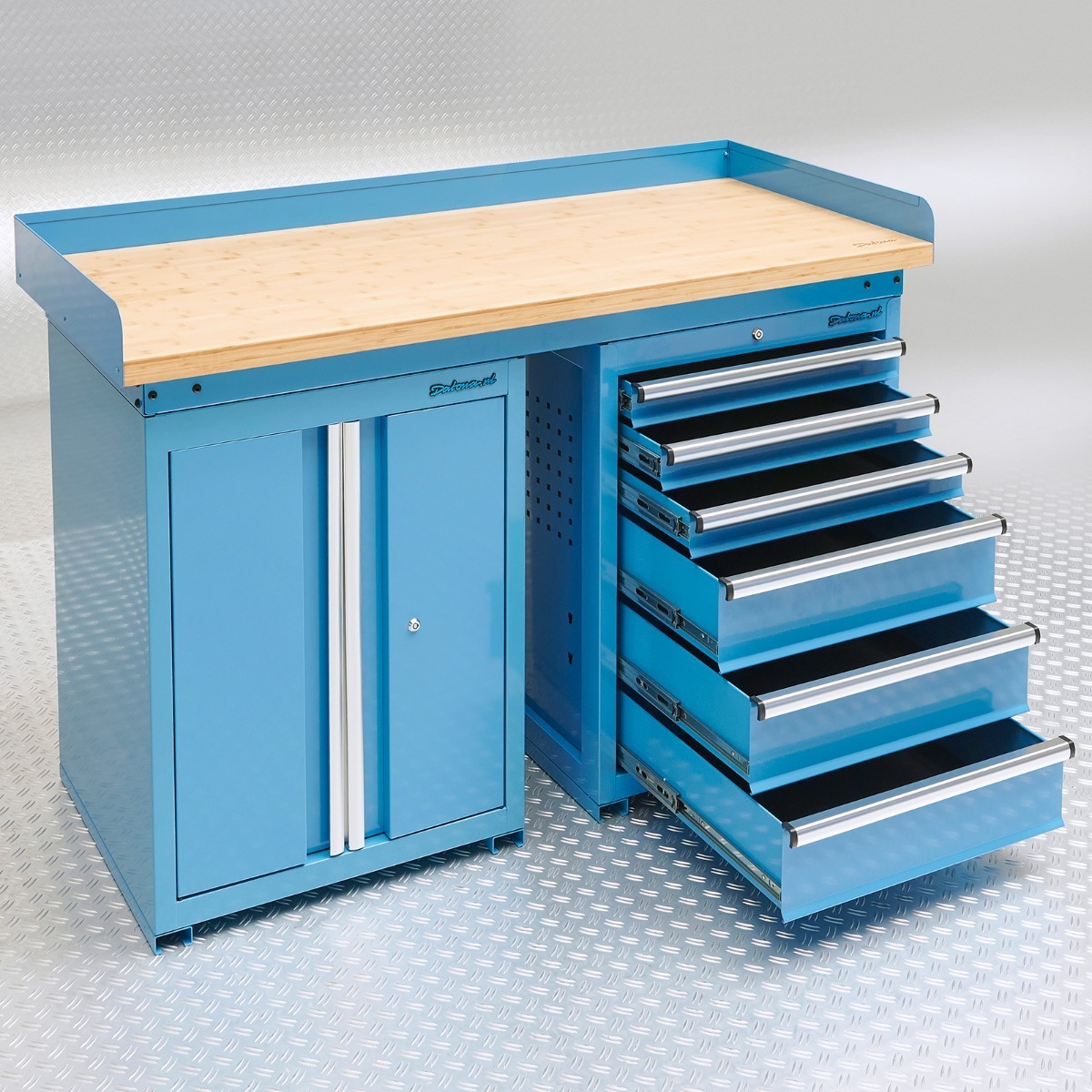 Datona Werkbank PRO 150 cm mit Schubladenschrank und Werkzeugschrank - Blau
