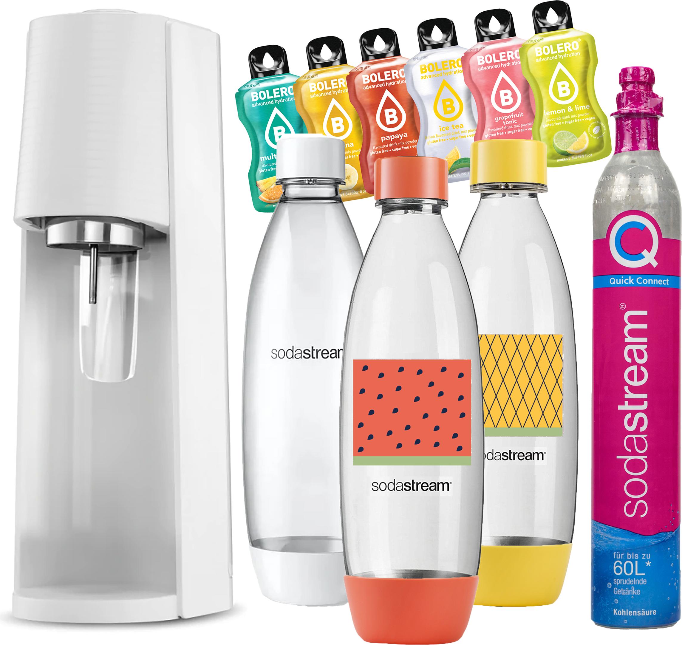 SODASTREAM TERRA bublinkovač BIELY + fľaša biela poistka 1 l + 2x dekor + 6x Bolera