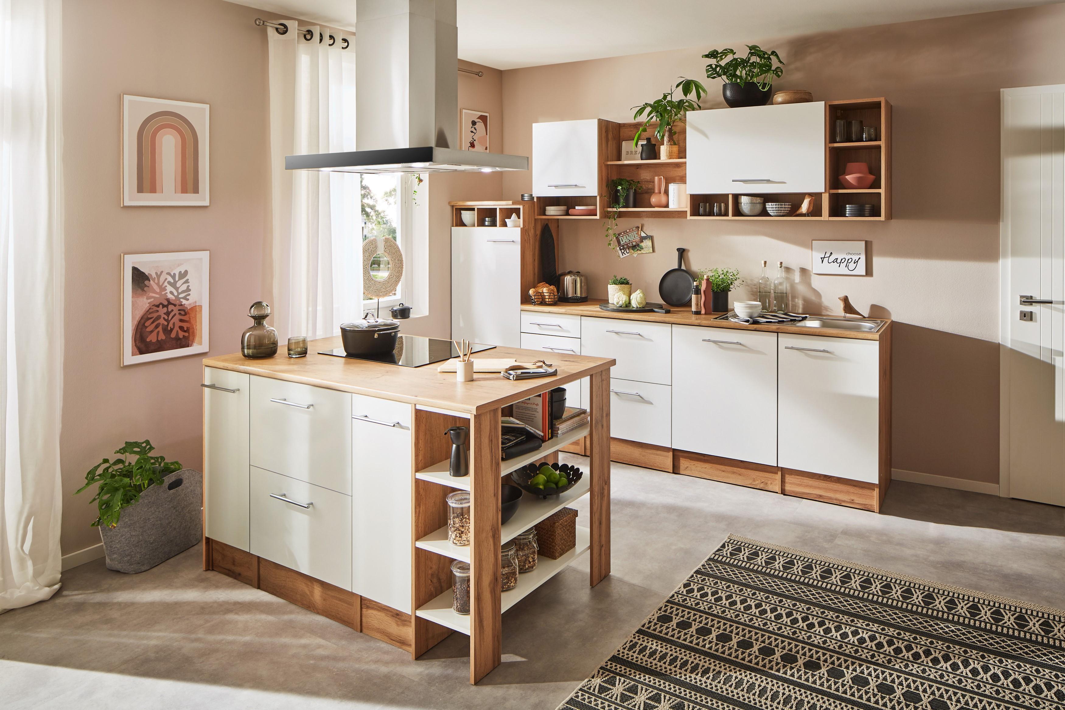 Küche Küchenzeile Inselküche Einbauküche Eiche Weiß Hilde 280 cm Respekta