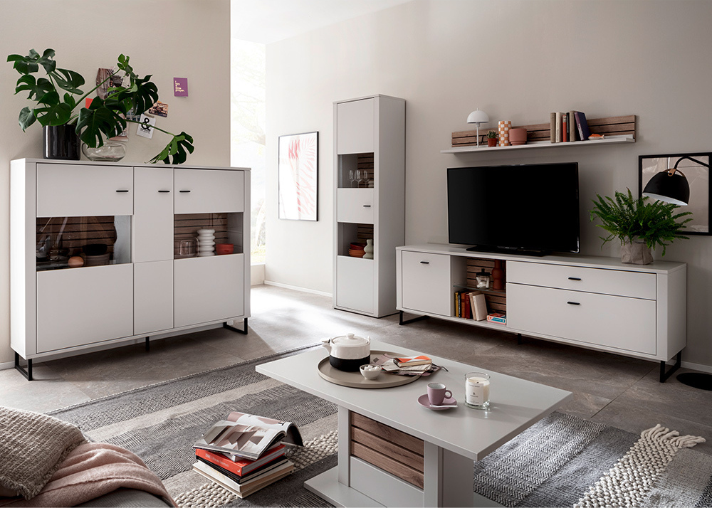 Lomadox Wohnmöbel Set weiß mit Eiche-Lamellen LAUREANA-05 5-teilig LA05-LAUREANA-05-SET25