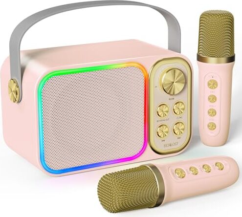BESCOST LED Karaoke Machine 2 mikrofóny, mini systém 7 hlasových efektov, prenosný Bluetooth reproduktor pre deti a dospelých, ideálny na rodinné párty