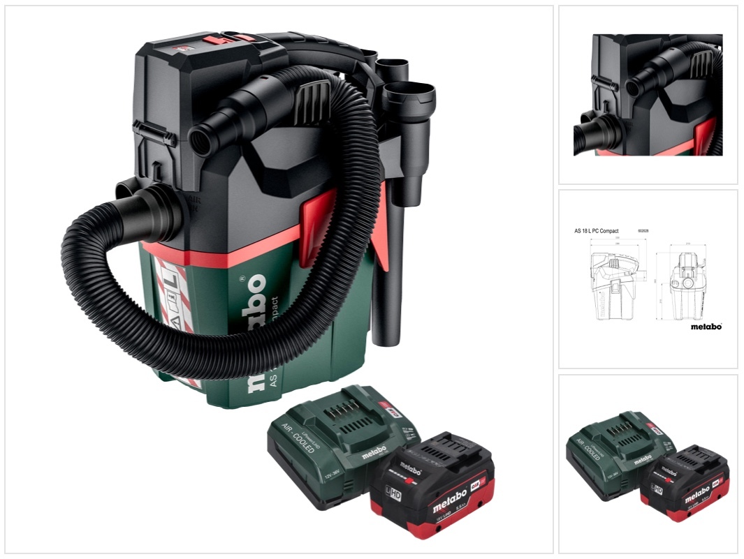 Metabo AS 18 L PC Kompaktný akumulátorový vysávač 18 V 6 l IPX4 prachová trieda L mokré a suché vysávanie + 1x akumulátor 5,5 Ah + nabíjačka