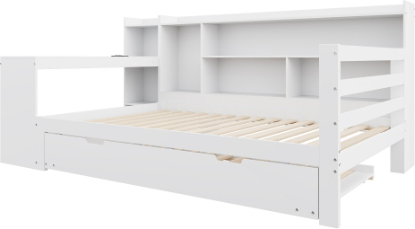 Gotagee Schlafsofa Aus Massivholz 90x200cm Weiss Ohne Matratze Mit Schreibtisch Buecherregalen Ablagefaechern und Regalen Mit Steckdosen Ausziehbarem Bett Bed-LDB00314AAK
