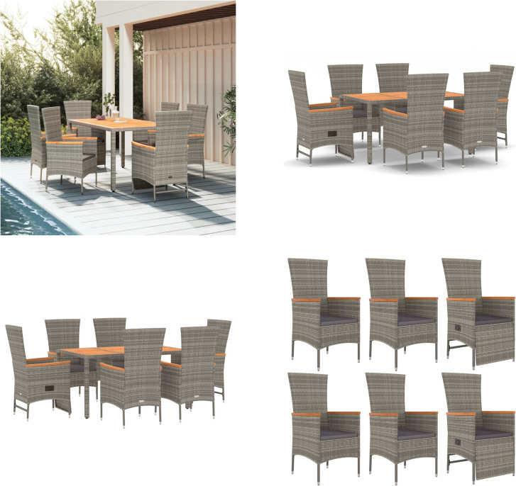 vidaXL 7 tlg. Garten Essgruppe mit Kissen Grau Poly Rattan - Garten Essgruppe - Garten Essgruppen - Essgruppe - Essgruppe Terrasse