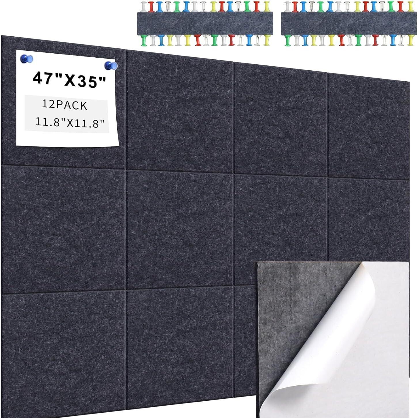 INF Filz Wandfliesen Akustikplatten - 12er Pack Schallschutzplatten mit Klebstoff Schwarz 369448