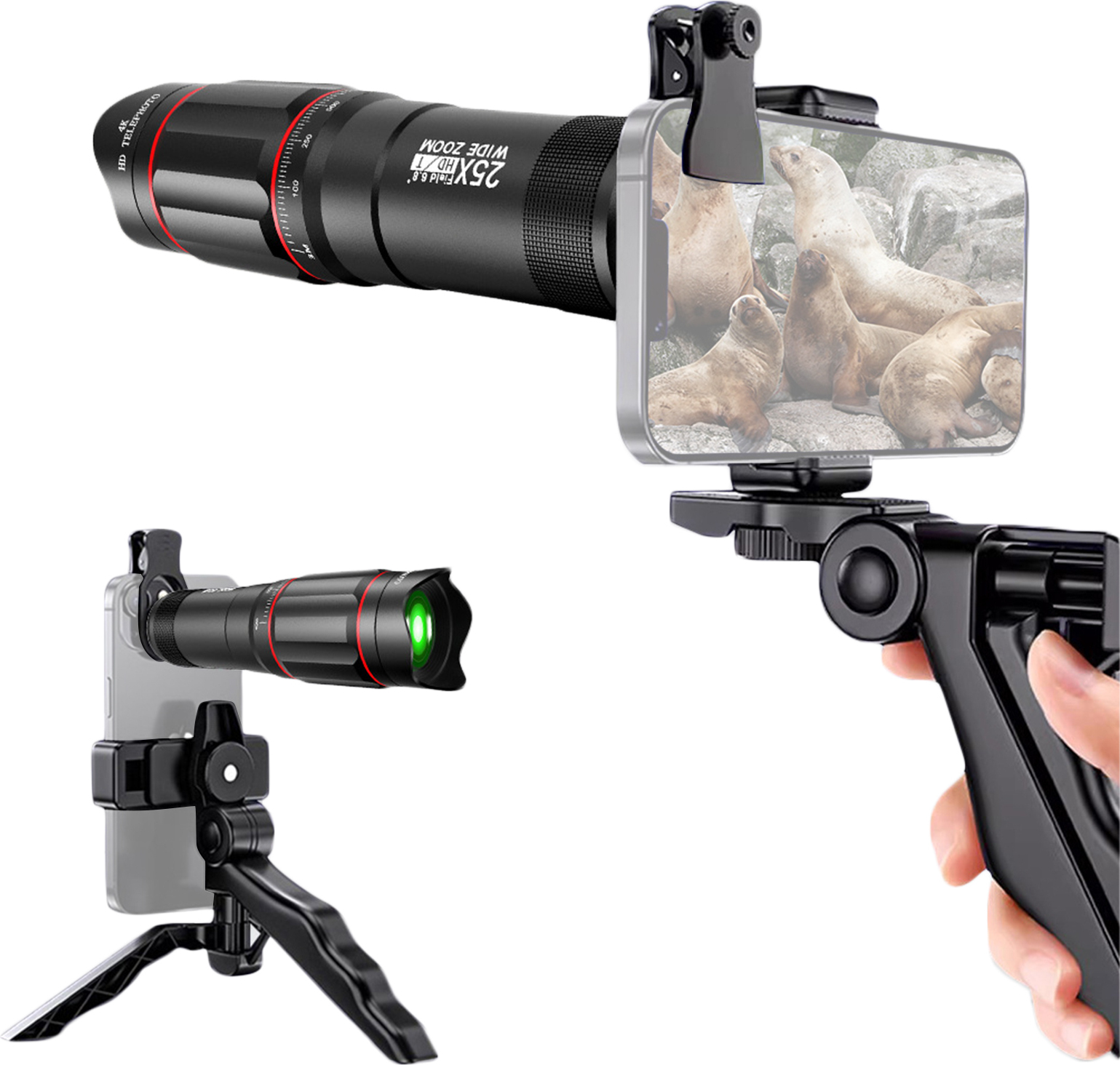 Lixada 25-faches Telefon Telezoom Objektiv mit Telefonclip, Teleobjektive für Mobiltelefone, Telefonhalter, Reinigungstuch, Mini-Stativstaender Teleobjektive