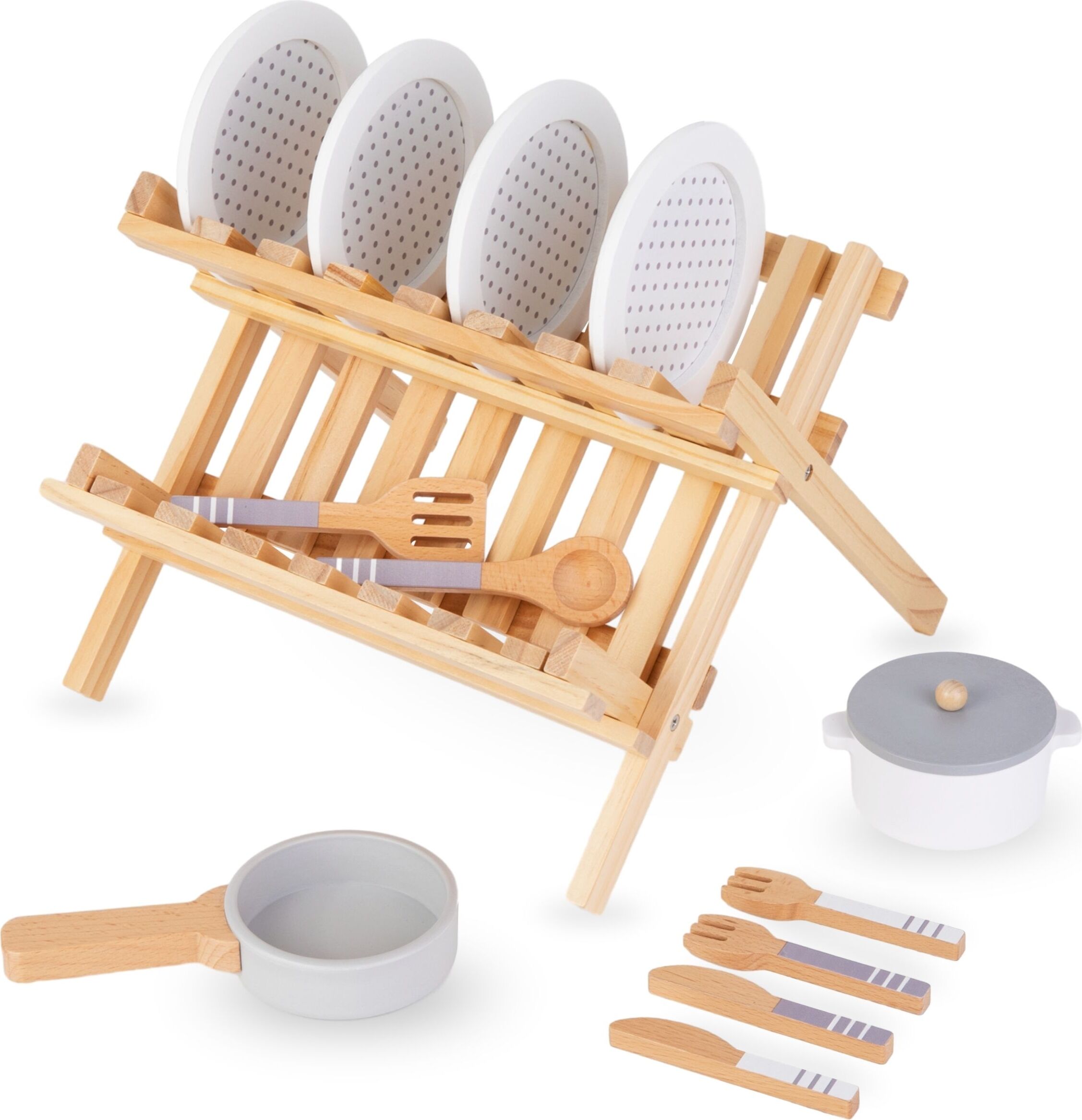 Mamabrum Kinder Küchenzubehör - Holz-Abtropfgestell mit Zubehör, Rollenspielzeug