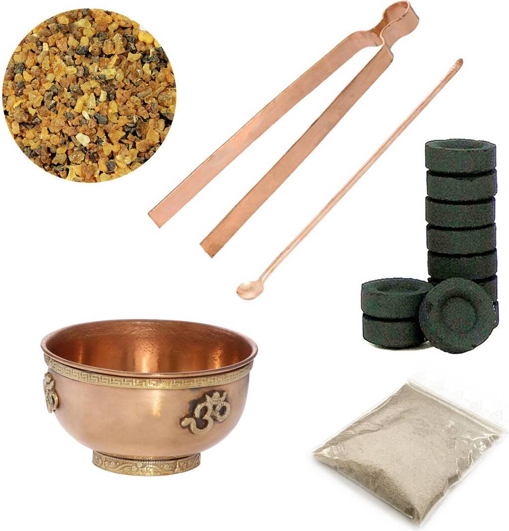 NKlaus 6tlg Set Räucherschale Löffel 100g Weihrauch Räucherkohle Zange 40g Räuchersand