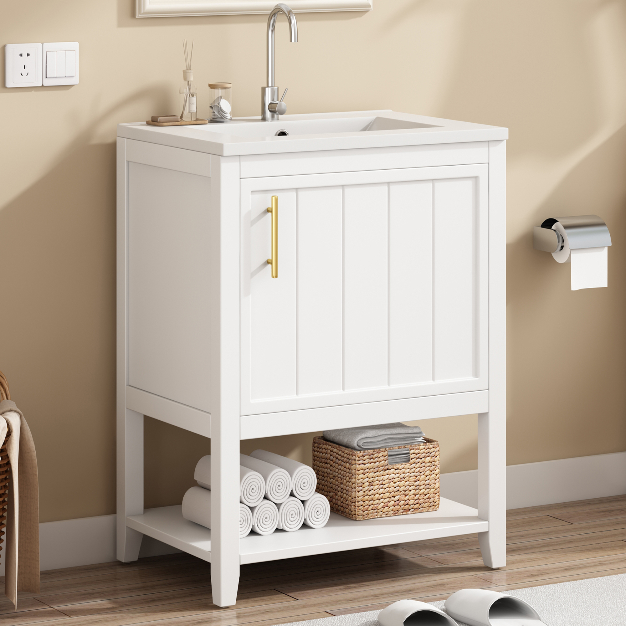MODFU Badmöbel Einzelwaschtisch,Waschtischunterschrank 60 cm mit Keramikwaschbecken,mit Ablage,weiß