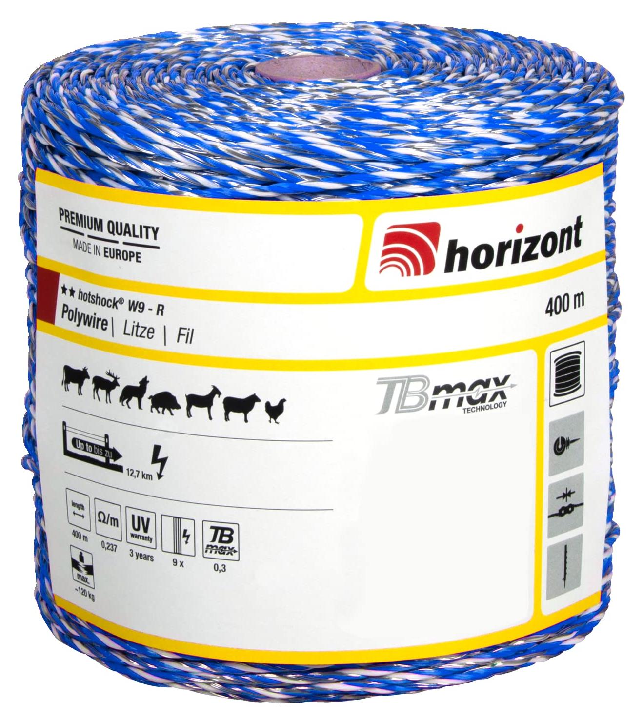 horizont Weidezaunlitze hotshock W9-R 400 m, Wildabwehr, für über 10 km Zaun, 120 kg Bruchlast, blaue Litze für die Abwehr von robusten Tieren, Zaunlitze für Weidezaun, Schafhaltung 17149-400