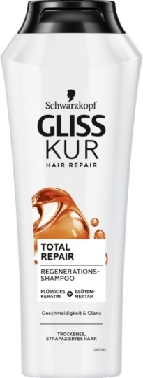Schwarzkopf Gliss Kur Total Repair, Regenerations-Shampoo, 250 ml, Šampón, Ženy, Lámavé vlasy, Poškodené vlasy, Suché vlasy, Všetky farby, Oprava, Vyhladenie