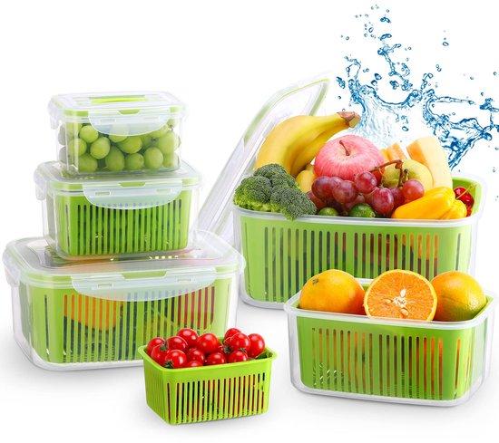 OEM BPA-freie, leckfreie, separate Lebensmittelbehälter mit Deckel und Sieb, 5-Stück-Satz (5,8 l + 3,8 l + 2,3 l + 1,3 l + 0,7 l), Kühlschrank-Organizer-Set, Salat- und Beeren-Unterbringung 2026