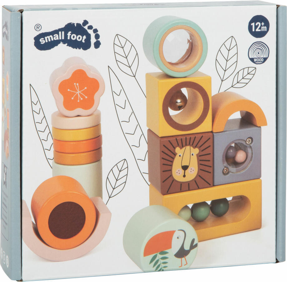 small foot Entdeckerbausteine "Safari" Motorik-und Sinnesspiel für Kinder, 12 Stück, aus Holz, ab 12 Monaten, 12230