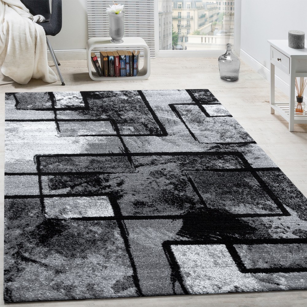 Designer Teppich Modern Kurzflor Karos Speziell Meliert Grau Schwarz Weiß 