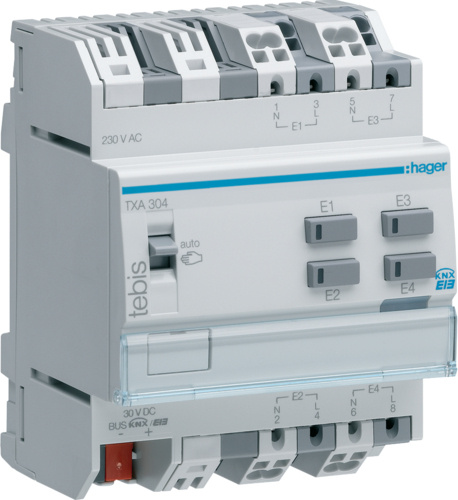 Hager TXA304. Modultyp: Digital, Signalentdeckung: Eingang, Anzahl Kanäle: 4 Kanäle. DC input Spannung: 21 - 32 V, Maxi