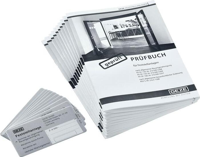 Geze Abnahmeset Feststellanlage je 10x Prüfbuch,Schild,Aufkleber f.Abnahmeprüfung 79142