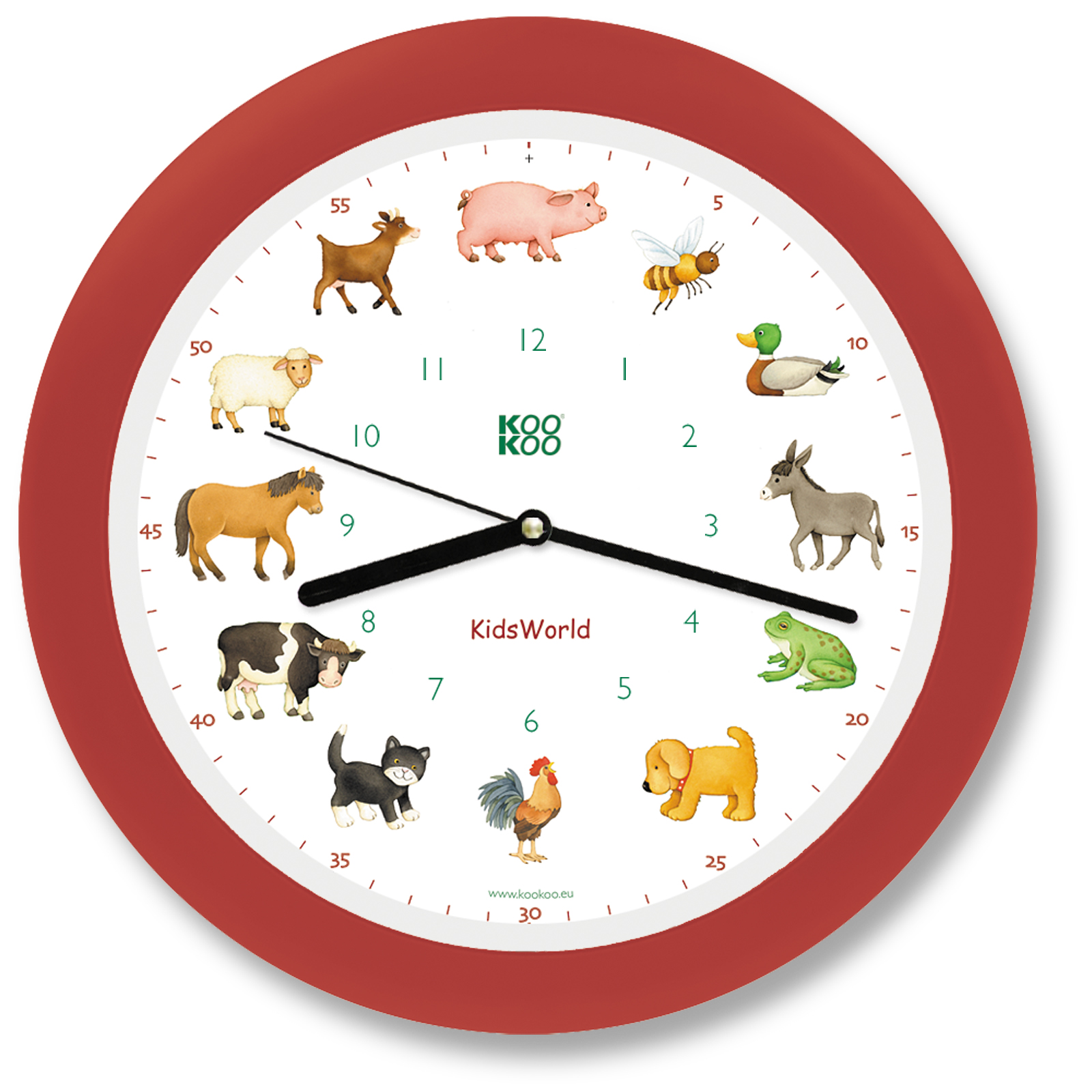 KOOKOO KidsWorld Erdbeer-rot, Wanduhr mit echten Tierstimmen KW4001ER