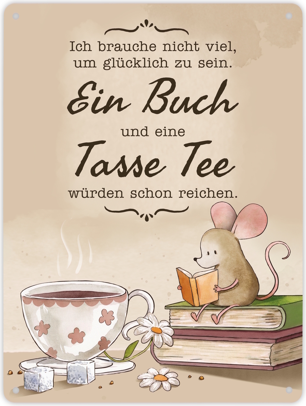 speecheese Maus mit Buch Metallschild XL in 21x28 cm mit Spruch Buch und Tee machen mich