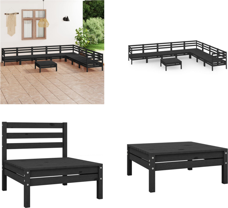 vidaXL 9-dielna záhradná obývacia súprava z masívneho dreva borovice čierna - záhradná obývacia súprava - vonkajšia obývacia súprava - drevená pohovka - drevená záhradná pohovka