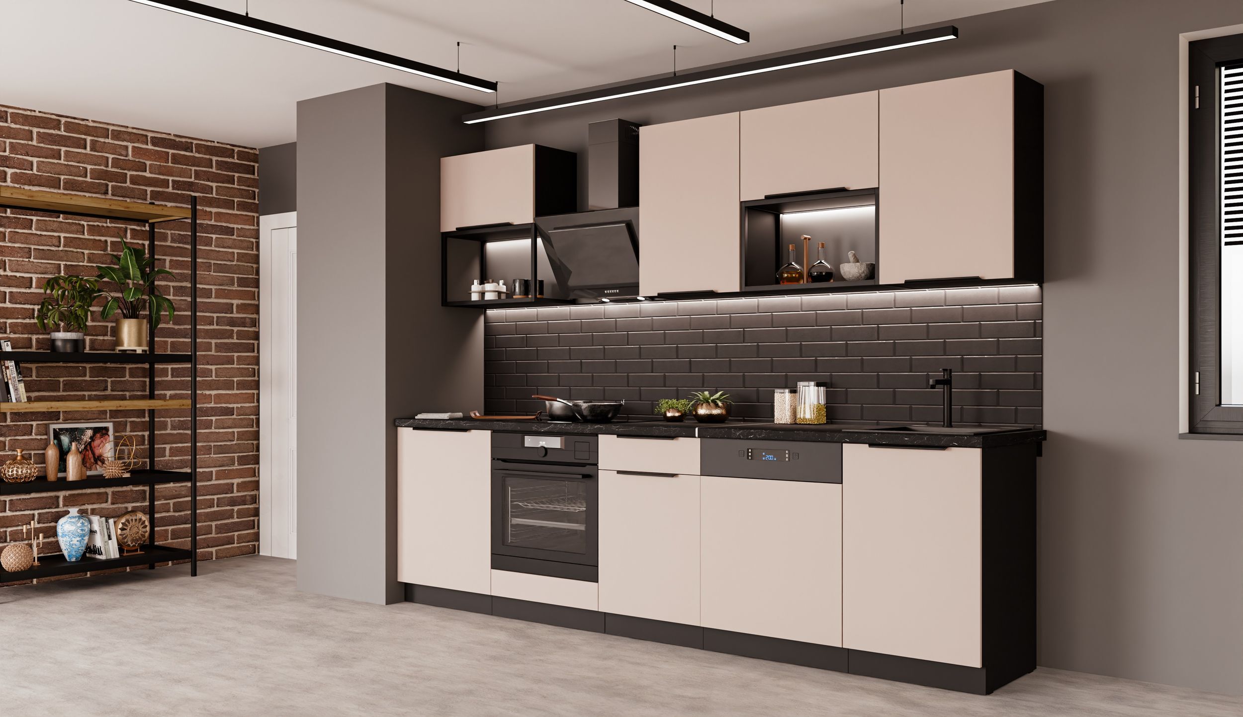 Küchenpreis-Bombe Küche ARONA BASIC LOFT 280 cm Küchenzeile Küchenblock Einbauküche Kaschmir beige matt + Schwarz matt