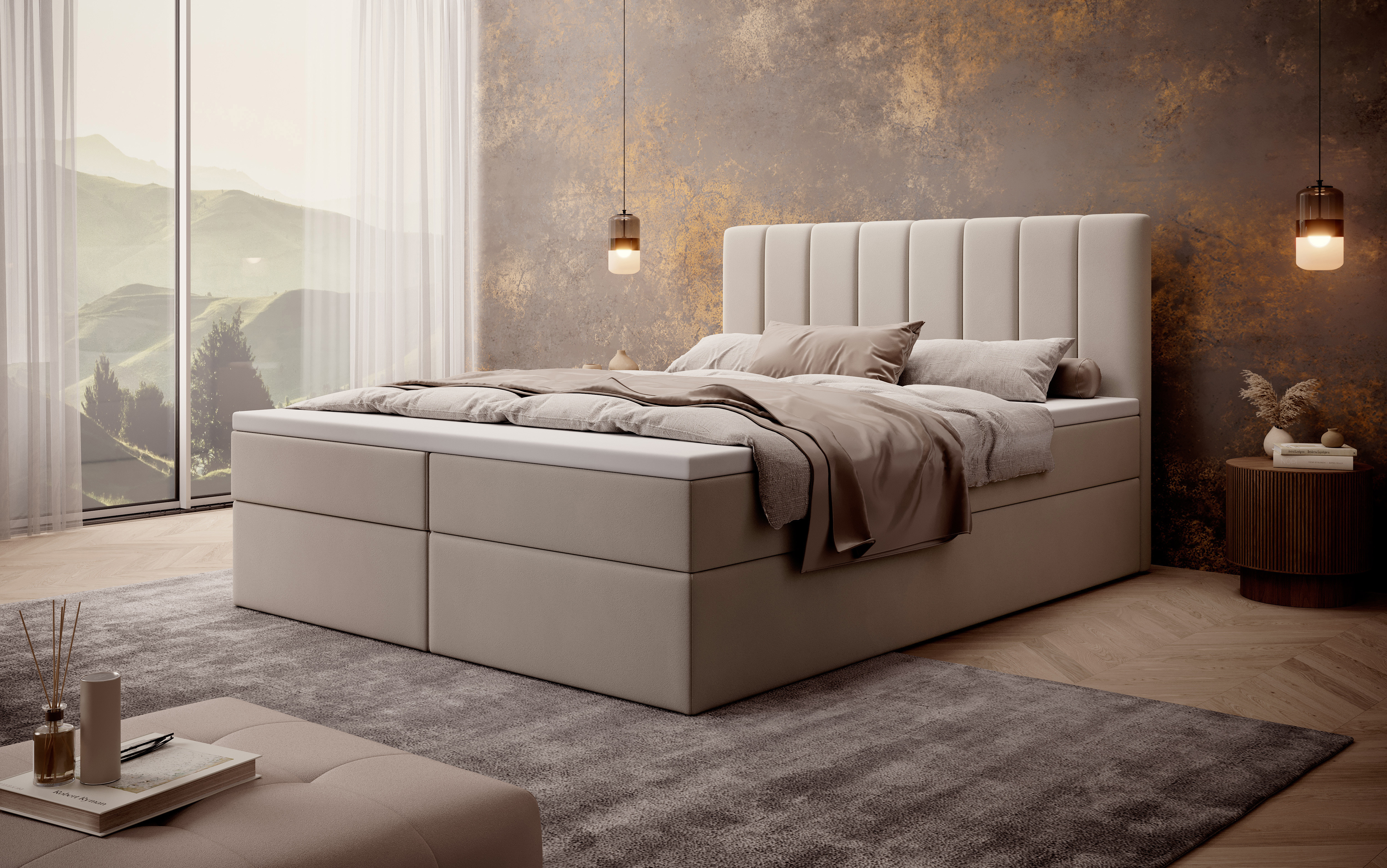MyBed Allen box spring bed Čalúnená posteľ s čelom Posteľná skrinka 140x200 Bonnell matrac H2 Topper Beige