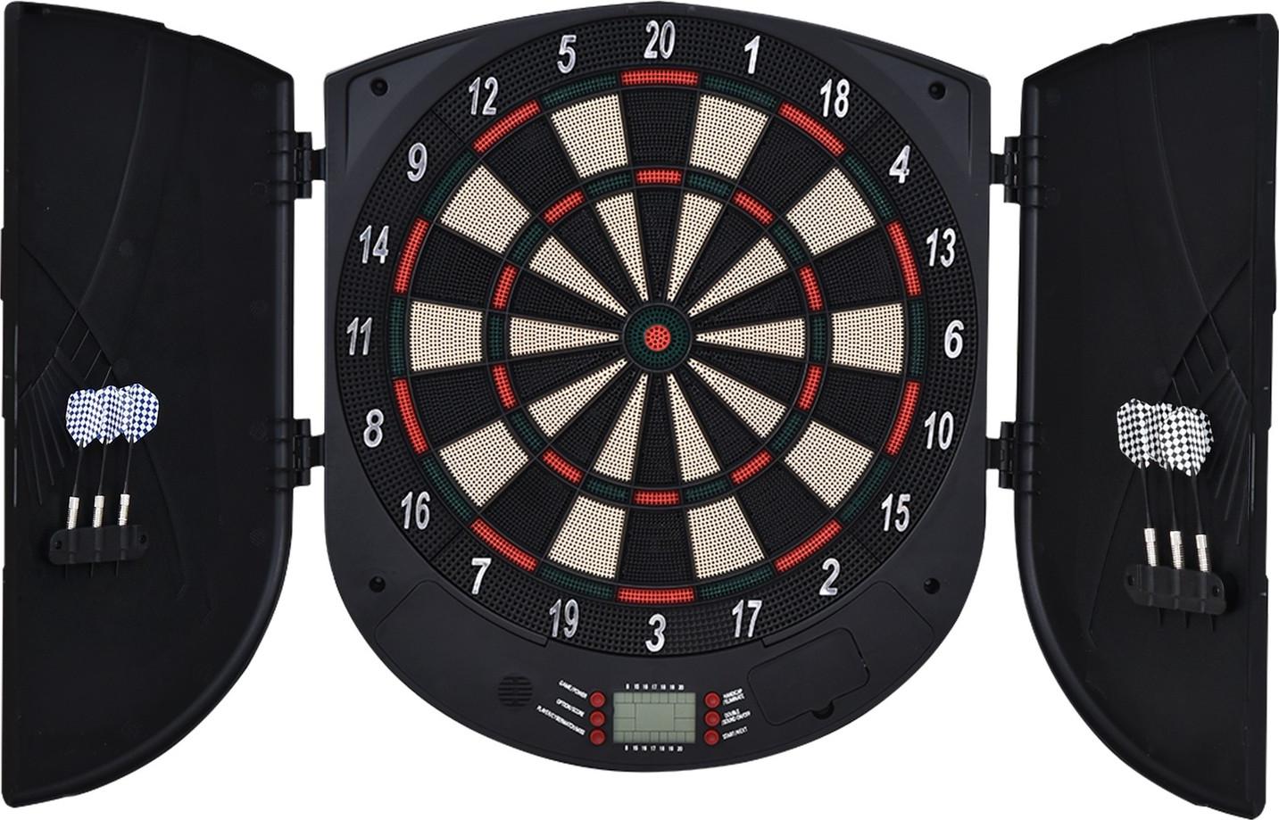JTI GmbH Elektronische Dartscheibe Mit Tür Soundeffekte, Automatische Wertung, 6 Darts, 26 Spiele, 185 Trefferoptionen, Für 8 Spieler