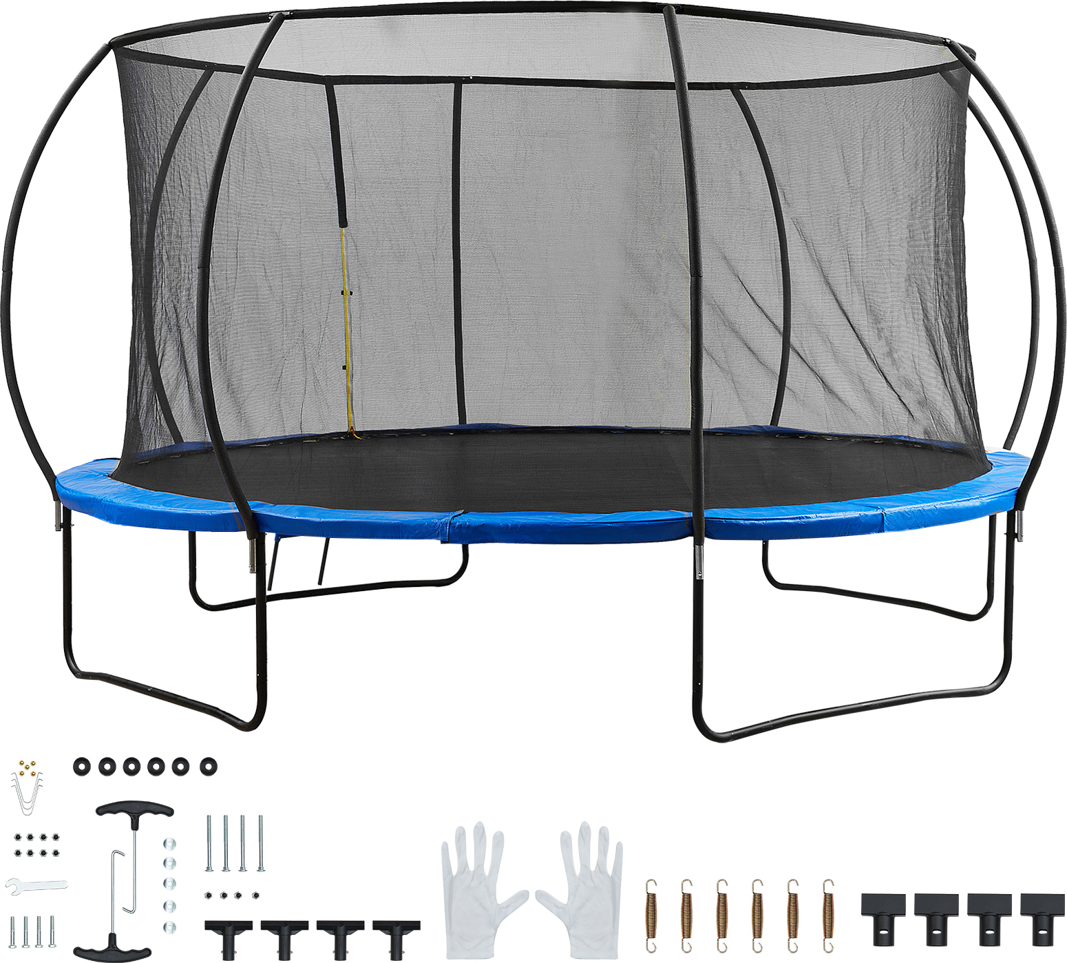 SucceBuy 14FT trampolína, nosnosť 450 lbs so sieťovou sieťou, rebríkom, zakrivenými tyčami, robustnou skákacou podložkou a pružinovým krytom, vonkajšia trampolína pre deti a dospelých