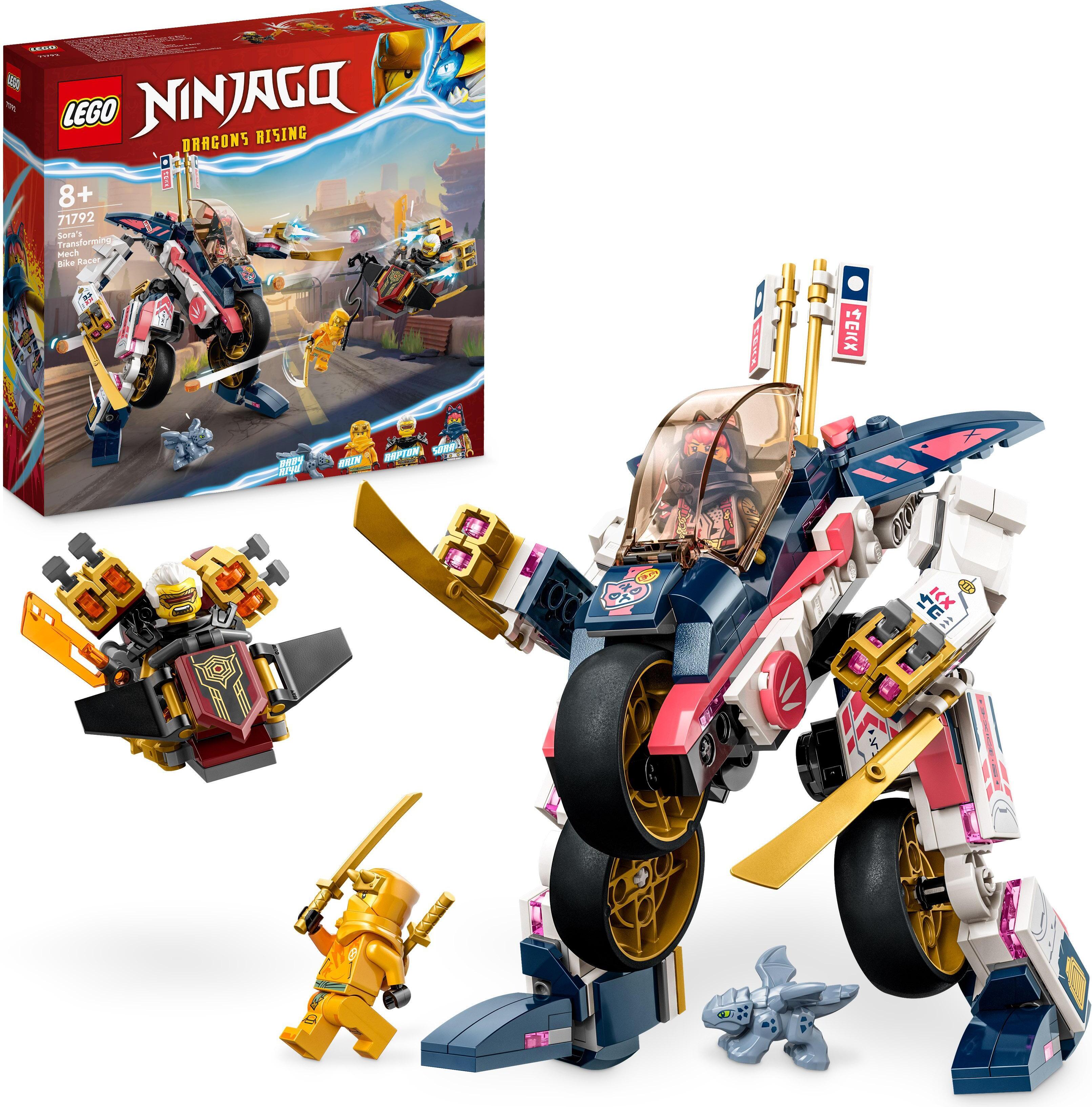 LEGO 71792 NINJAGO Soras transformierender Mech-Bike-Renner, 2in1 Set mit transformierender Mech-Actionfigur, Motorrad-Spielzeug Set mit 3 Minifiguren für Kinder, Jungen und Mädchen
