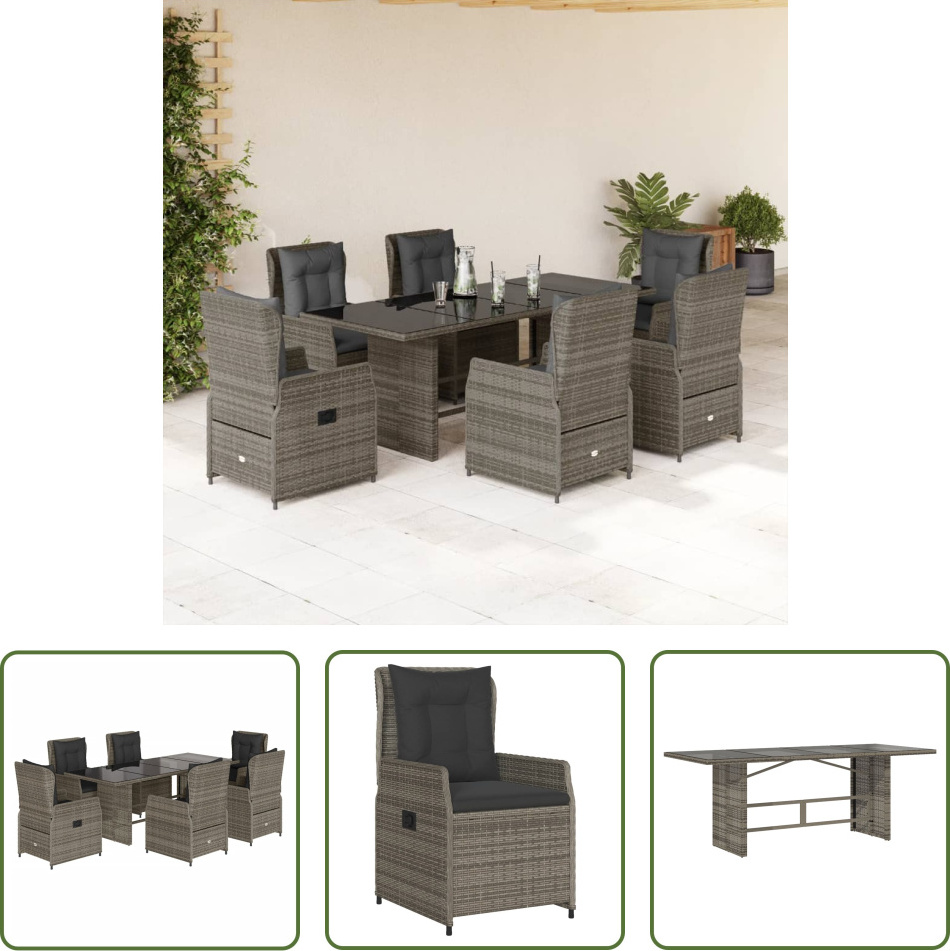 The Living Store 7-dielny záhradný jedálenský set s vankúšmi sivý polyratan