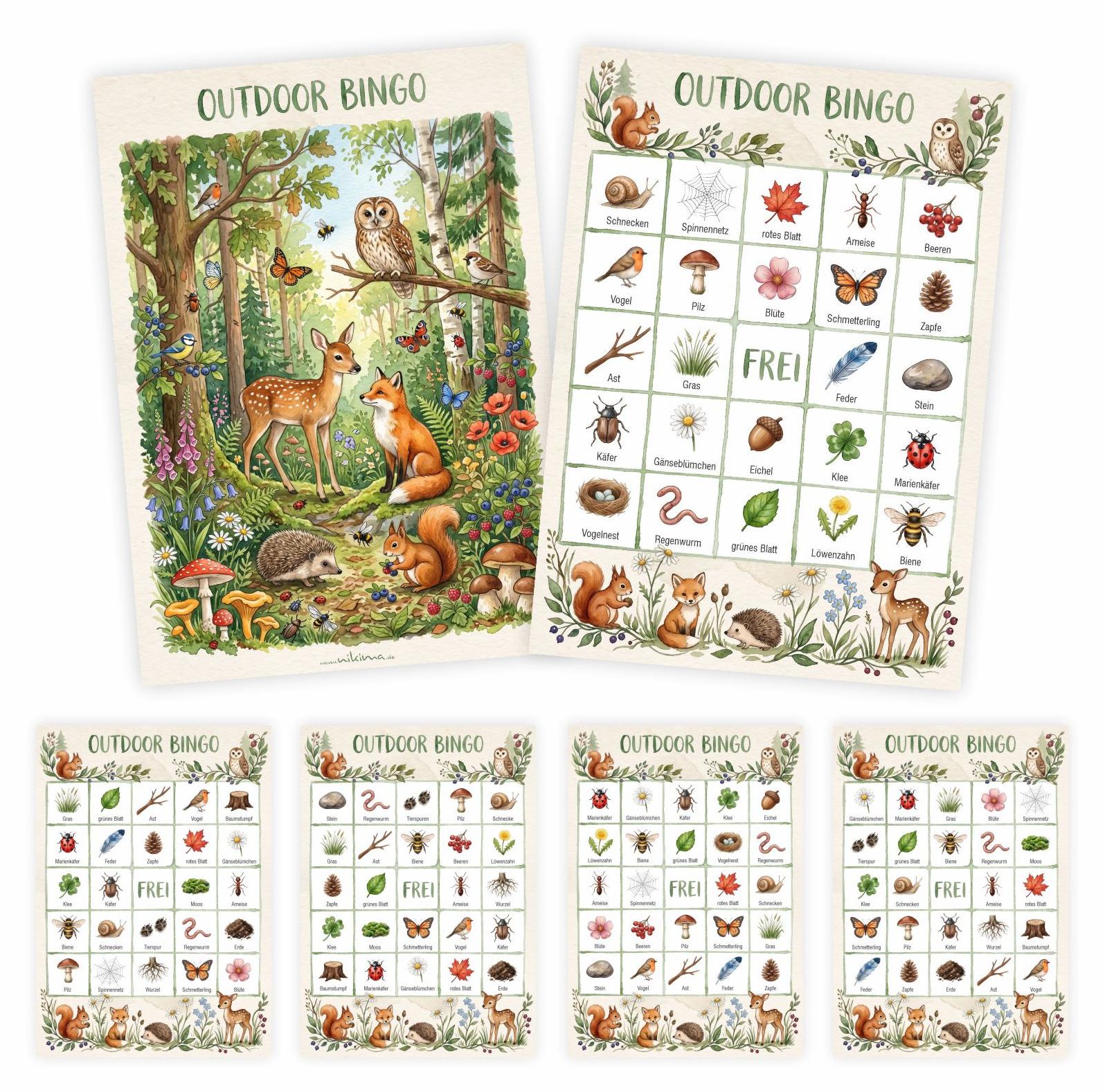 nikima Outdoor Bingo – 10 Bingokarten für Kinder | Natur Suchspiel im DIN A6 Postkartenformat