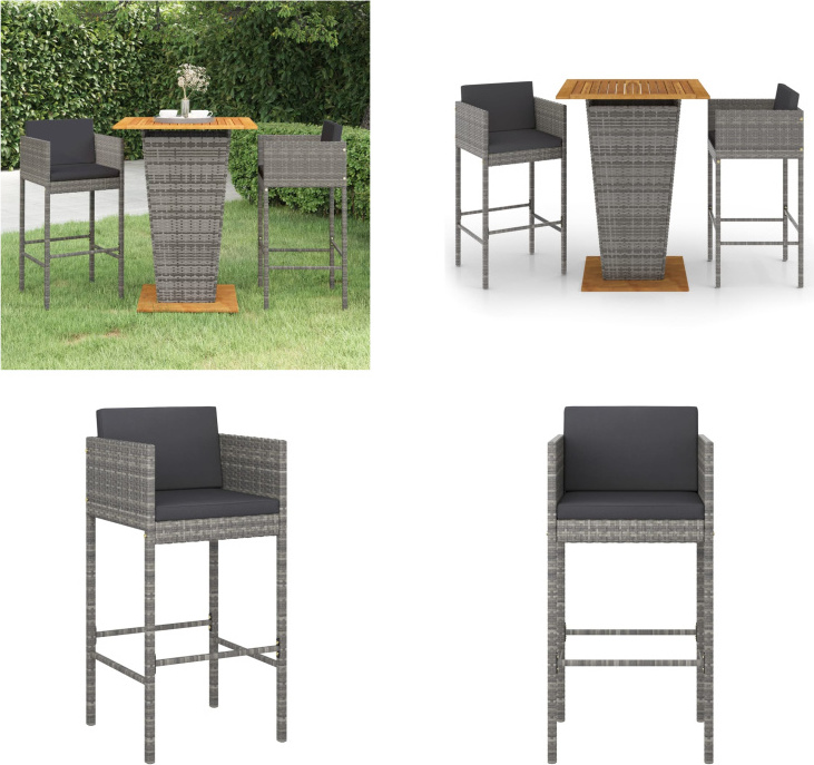 vidaXL 3-dielny záhradný barový set s vankúšmi polyratan sivý - Záhradný barový set - Záhradný barový set - Záhradné jedálenské sety