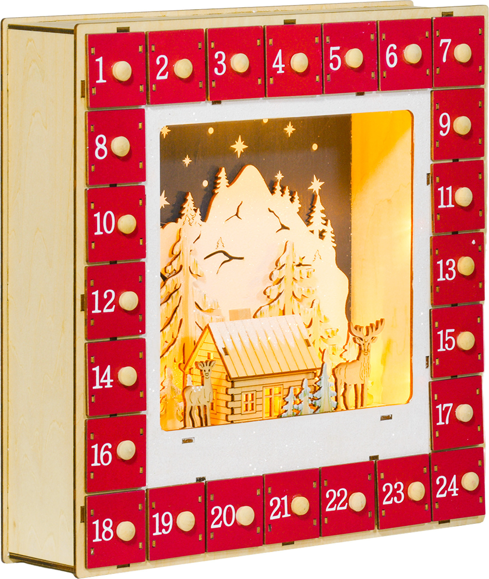 HOMCOM Adventný kalendár na vyplnenie 24 priehradiek Vianočný kalendár s LED svetlami Adventný kalendár box Vianočná dekorácia DIY MDF 34 x 7 x 34 cm červená