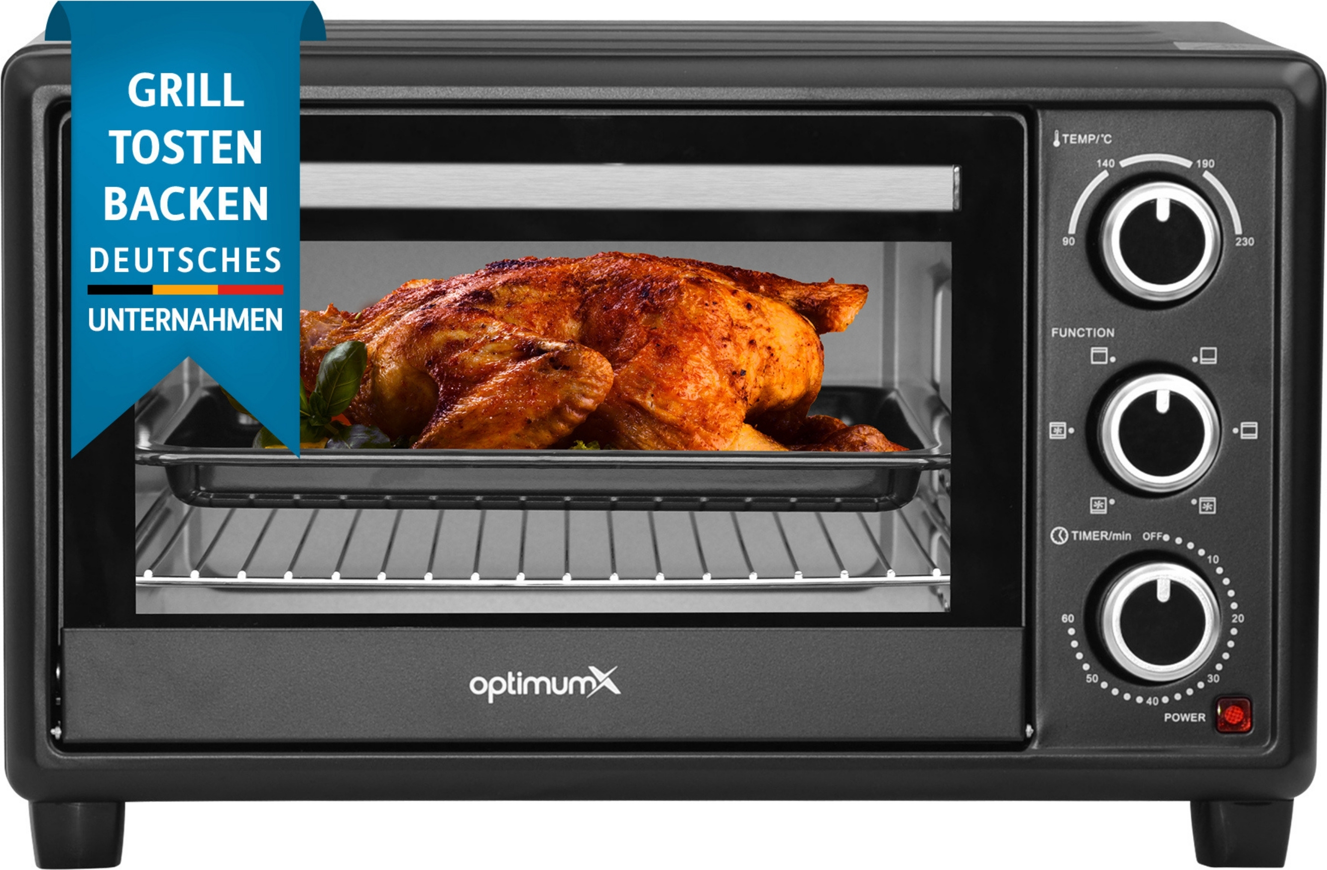 OptimumX 20 L Minibackofen, Klein mini Backofen mit Umluft, 60 Min Timer, Pizza-Ofen, 1380 W, Schwarz