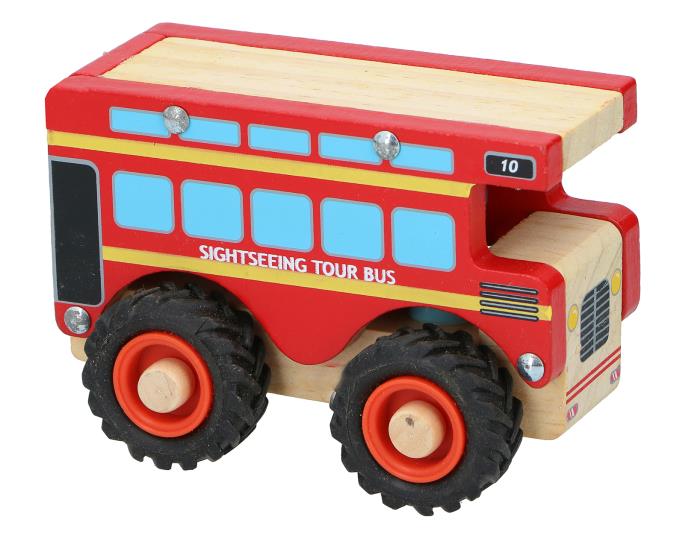 Marionette Wooden Toys Kinderspielzeug Doppeldeckerbus Holzauto mit Fahrer, bunt lackiert, mit leisen leicht rollenden Kunststoffreifen, Größe ca. 12,5 x 7,5 x 10 cm 60398c