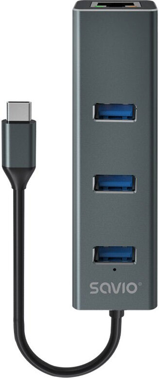 Savio AK-57 USB-C - 3 x USB-A HUB s RJ-45 Gigabit Ethernet adaptérom, 5000 Mbit/s, šedá