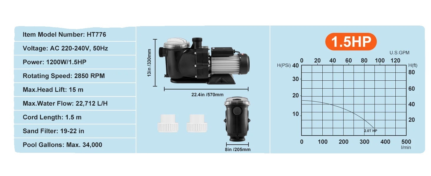 Čerpadlo pre nadzemné bazény, možnosti výkonu 1,5 hp / 2,0 hp / 2,5 hp, maximálny výtlak vody až 27255 l/h , 1,5 hp