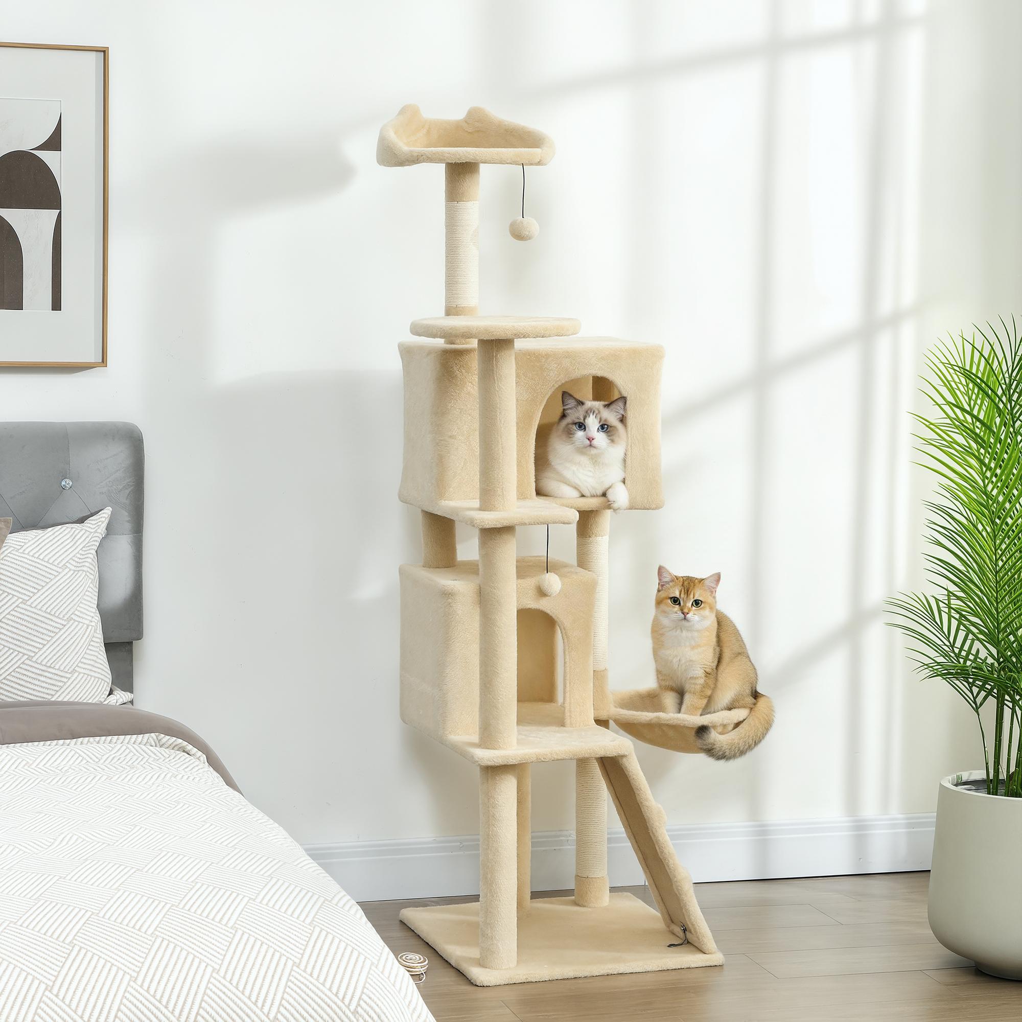 SUGIFT Kratzbaum 160 cm, Katzenturm mit Hängematte, Höhle, Leiter, Sisalstämme, Beige | 48 x 48 x 160 cm | Spanplatte + Plüsch | Anti-Kipp-Set