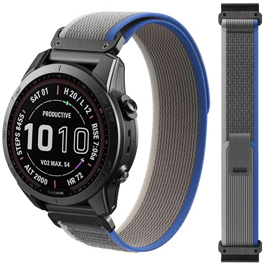 FFO2World Trail Loop Nylon-Sportarmband 26 mm QuickFit für Garmin Enduro 3/Fenix 8/7X/6X/5X GPS, Tactix 7 Pro/Epix Pro – Blau/Grau GMMST-26mm-LH