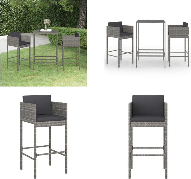 vidaXL 3-dielny záhradný barový set s vankúšmi polyratan sivý - Záhradný barový set - Záhradný barový set - Záhradné jedálenské sety